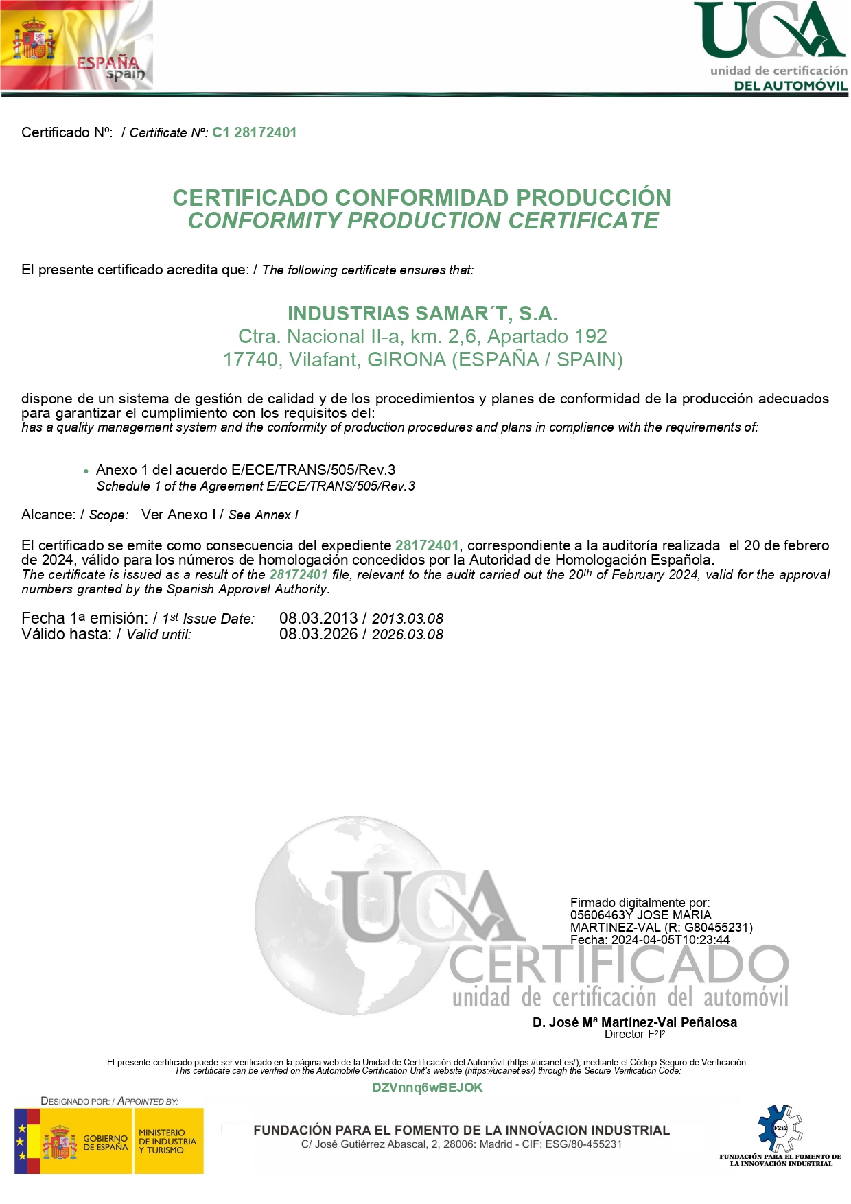 Certificado Conformidad Producción UCA Samar't