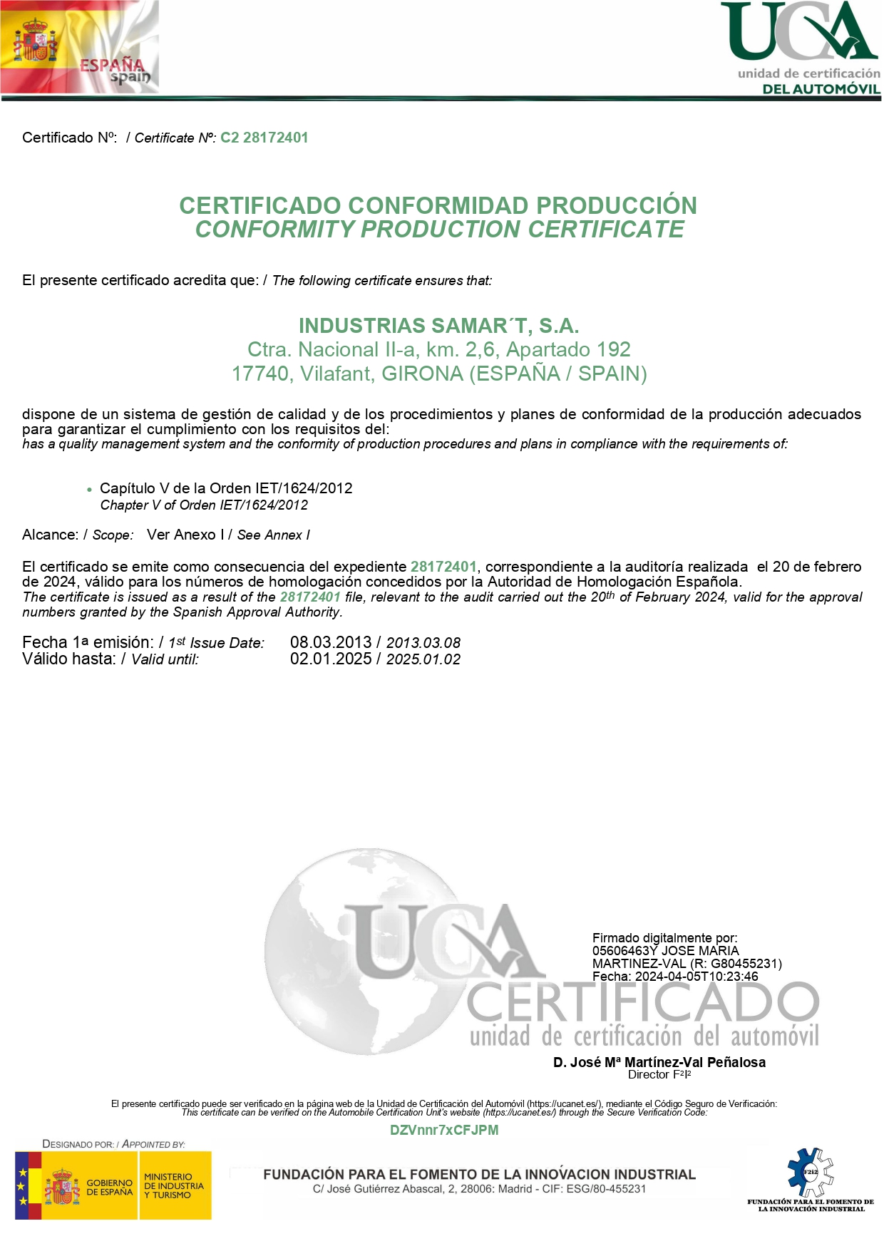 Certificado Conformidad Producción UCA Samar't